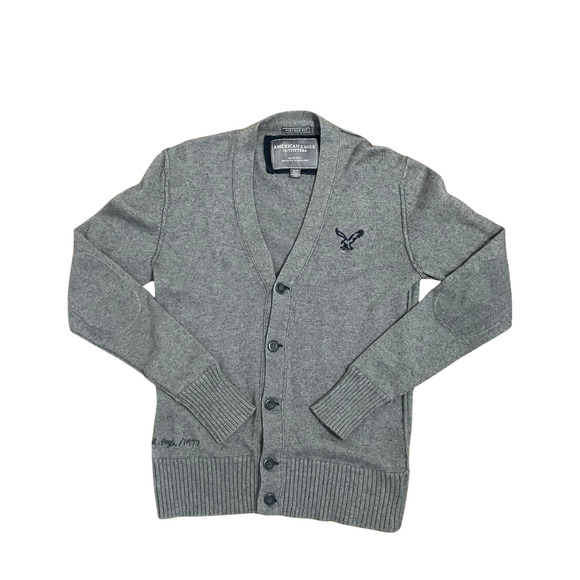 American Eagle Men's Sz S V-Neck Button Cardigan Exposed Seams Knit Gray Grandpa - Picture 1 of 8